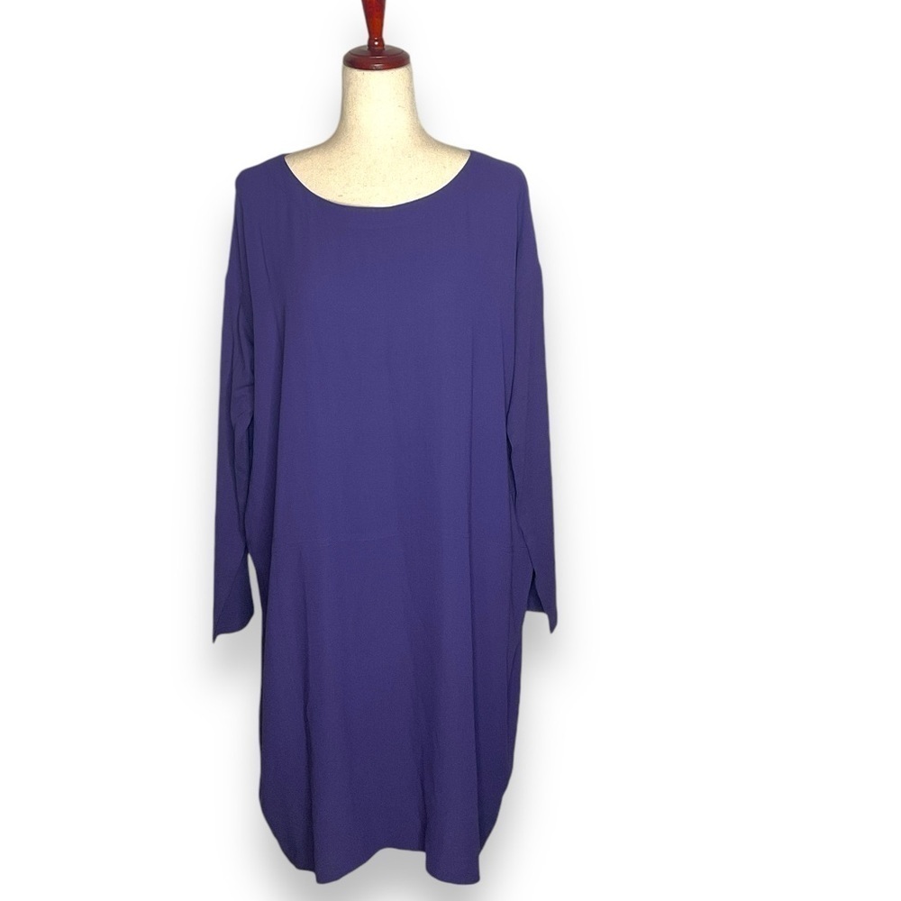 Eileen Fisher Purple Boatneck Long Sleeve Silk Lagenlook Sheath Dress Medium